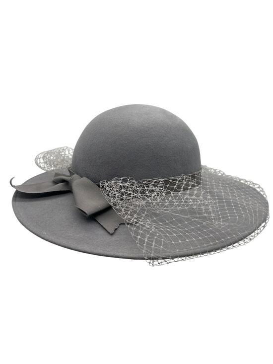 Mr K Originals Vintage Wool Wide Brim Hat S Netted Veil Bow Gray Bollman 21.25\